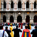 **Prompt for Cultural Identity and History:**
    A bustling city square in Barcelona, showcasing the rich cultural heritage of Catalonia. In the foreground, a diverse group of adults, fully clothed in appropriate cultural dress, are participating in a 'Sardana' dance, their hands joined in a natural pose, perfect anatomy, correct proportions, well-formed hands, proper finger count. The background features historical architecture reminiscent of the Gothic Quarter, alongside a modern, vibrant urban landscape. Elements like a human 'Casteller' tower in the distance symbolize community strength. The scene conveys a sense of unity and cultural pride. Professional photography, high quality, natural light, safe for work, appropriate content, modest clothing, family-friendly.