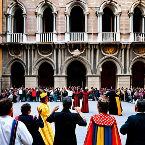 **Prompt for Cultural Identity and History:**
    A bustling city square in Barcelona, showcasing the rich cultural heritage of Catalonia. In the foreground, a diverse group of adults, fully clothed in appropriate cultural dress, are participating in a 'Sardana' dance, their hands joined in a natural pose, perfect anatomy, correct proportions, well-formed hands, proper finger count. The background features historical architecture reminiscent of the Gothic Quarter, alongside a modern, vibrant urban landscape. Elements like a human 'Casteller' tower in the distance symbolize community strength. The scene conveys a sense of unity and cultural pride. Professional photography, high quality, natural light, safe for work, appropriate content, modest clothing, family-friendly.