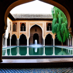 Patio del Yeso at Dusk**

A tranquil scene of the Patio del Yeso at dusk, Real Alcázar de Sevilla. The intricate Islamic-inspired arches are softly lit, reflecting in the calm water of a central fountain. Lush greenery surrounds the patio. Fully clothed tourists in modest attire are admiring the architecture. Safe for work, appropriate content, perfect anatomy, natural proportions, professional photography, high quality, warm color palette.

**