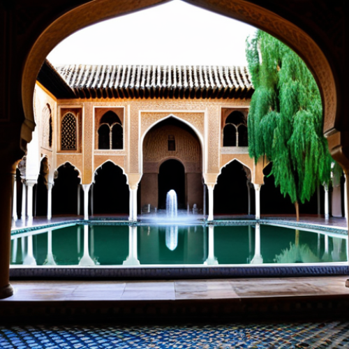 Patio del Yeso at Dusk**

A tranquil scene of the Patio del Yeso at dusk, Real Alcázar de Sevilla. The intricate Islamic-inspired arches are softly lit, reflecting in the calm water of a central fountain. Lush greenery surrounds the patio. Fully clothed tourists in modest attire are admiring the architecture. Safe for work, appropriate content, perfect anatomy, natural proportions, professional photography, high quality, warm color palette.

**