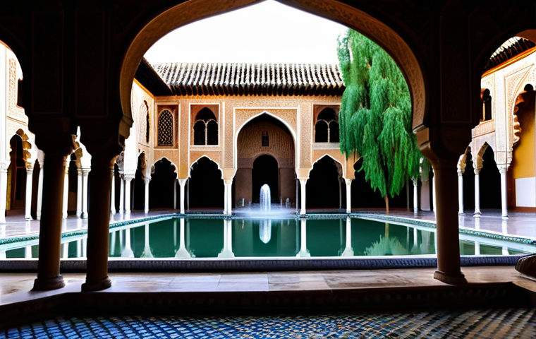 Patio del Yeso at Dusk**

A tranquil scene of the Patio del Yeso at dusk, Real Alcázar de Sevilla. The intricate Islamic-inspired arches are softly lit, reflecting in the calm water of a central fountain. Lush greenery surrounds the patio. Fully clothed tourists in modest attire are admiring the architecture. Safe for work, appropriate content, perfect anatomy, natural proportions, professional photography, high quality, warm color palette.

**