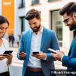 스페인의 스타트업 트렌드 - A modern digital banking scene in Spain featuring young professionals using mobile banking apps like...