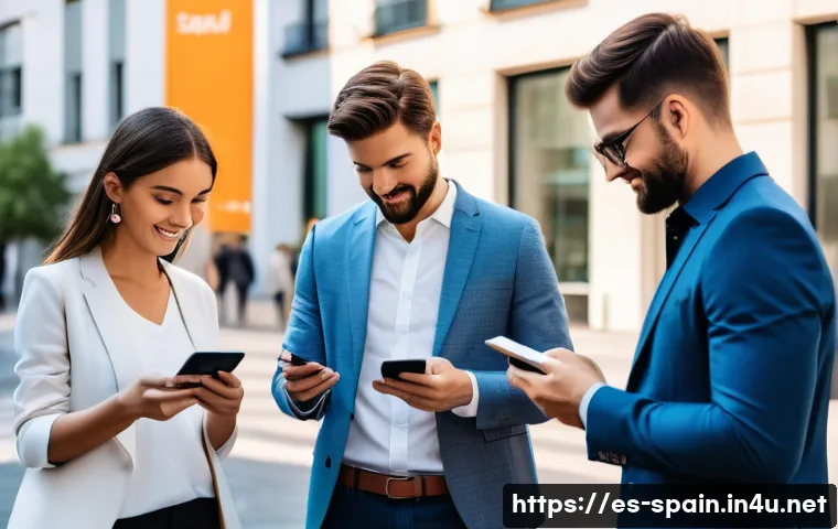 스페인의 스타트업 트렌드 - A modern digital banking scene in Spain featuring young professionals using mobile banking apps like...