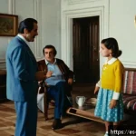 프랑코 독재와 민주화 과정 - A detailed scene of a 1970s Spanish family living room during the Franco regime, showing a tense atm...