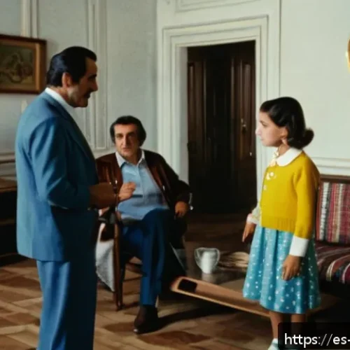 프랑코 독재와 민주화 과정 - A detailed scene of a 1970s Spanish family living room during the Franco regime, showing a tense atm...