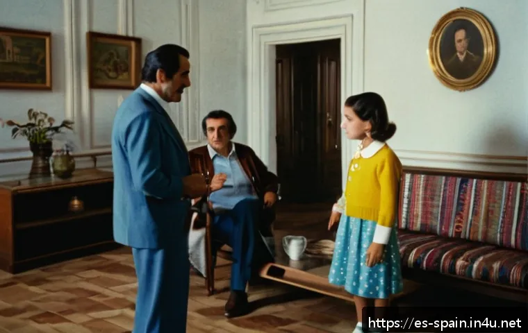 프랑코 독재와 민주화 과정 - A detailed scene of a 1970s Spanish family living room during the Franco regime, showing a tense atm...