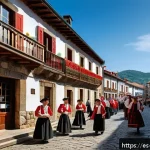 바스크 분리주의와 ETA - A detailed, historically inspired scene depicting late 19th-century Basque cultural revival: traditi...