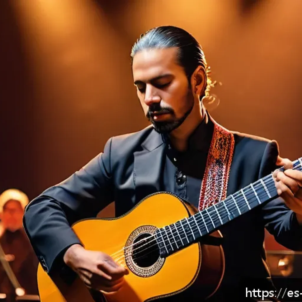 안달루시아 플라멩코 문화 - A passionate flamenco guitarist performing on stage in traditional Andalusian attire, focusing on in...