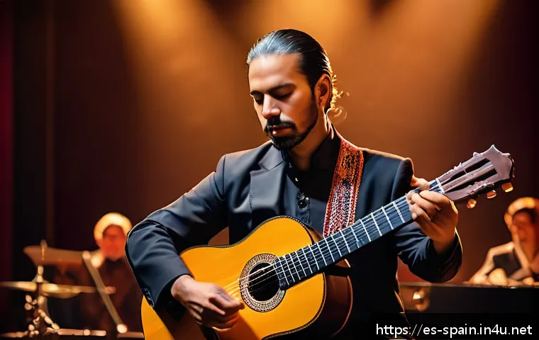 안달루시아 플라멩코 문화 - A passionate flamenco guitarist performing on stage in traditional Andalusian attire, focusing on in...