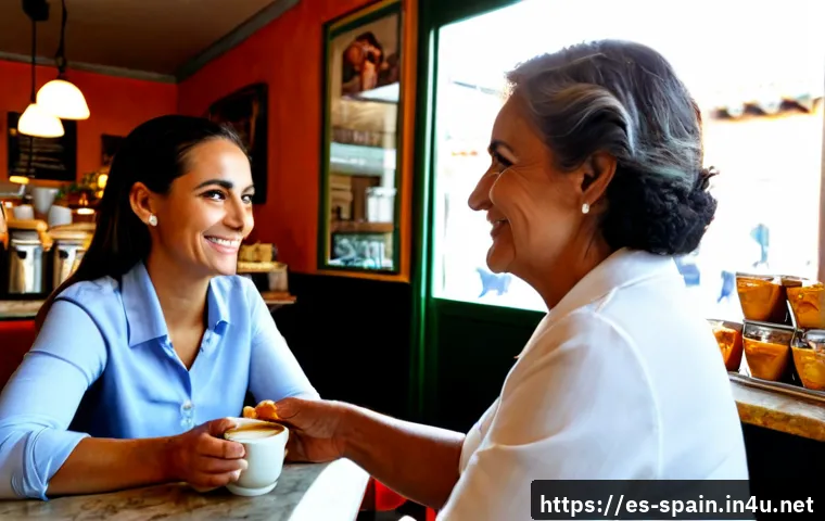 Home 17 스페인에서 예의 바르게 말하기 - Photorealistic candid scene in a welcoming Spanish neighborhood café, a well-dressed adult visitor p...